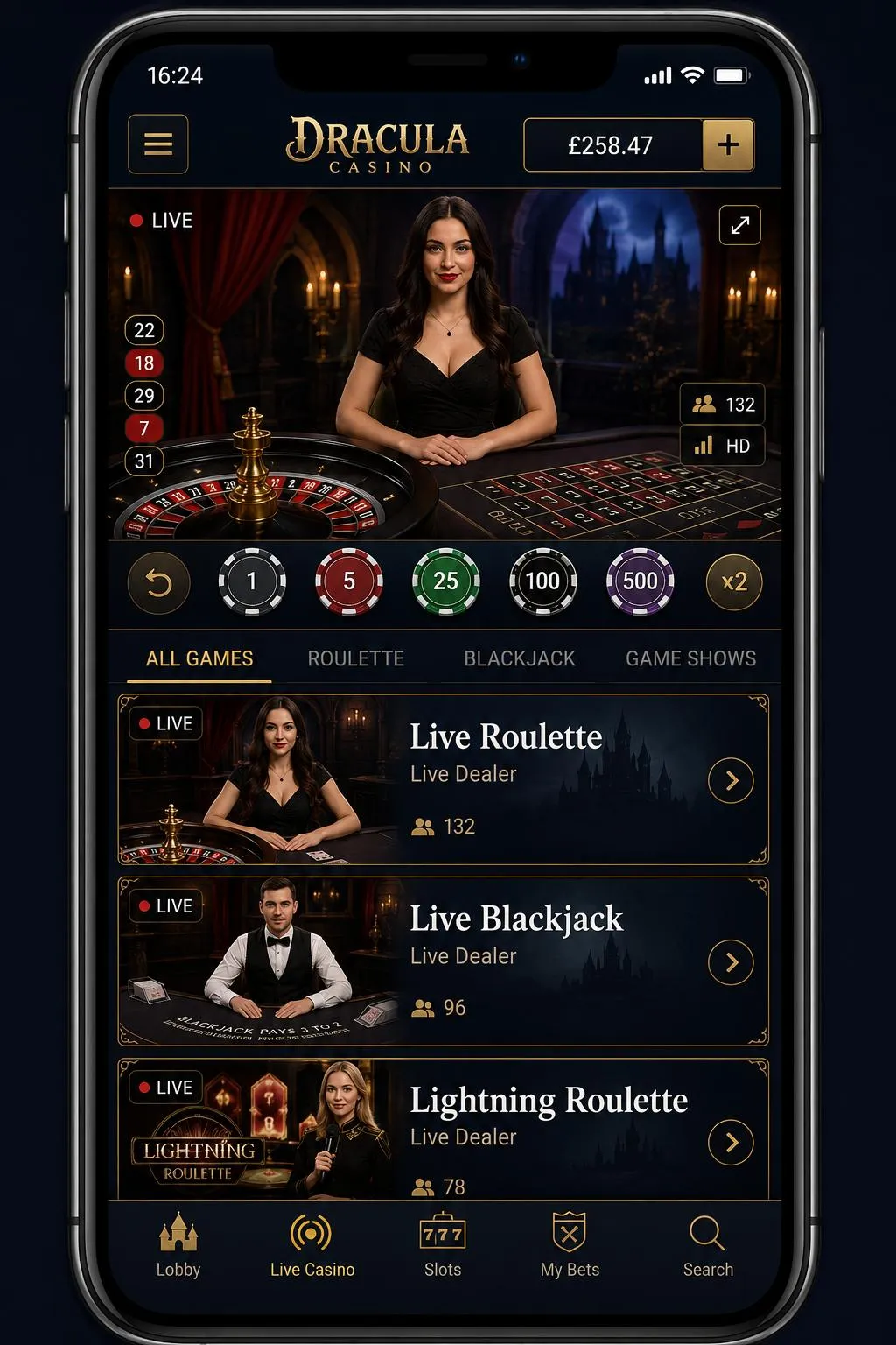 Live Casino access at Dracula Casino app