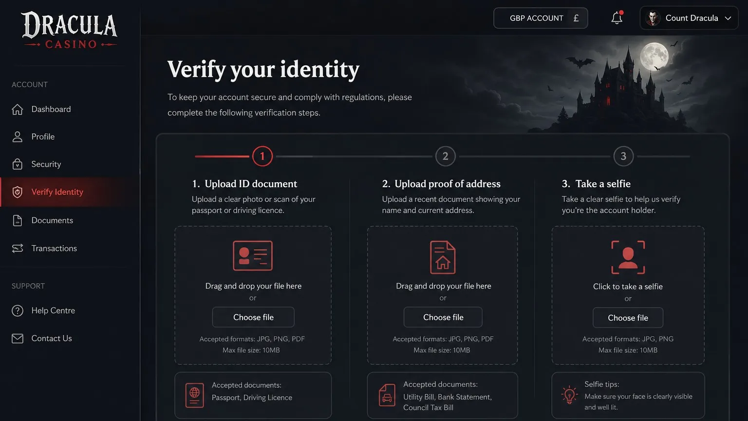 Verifying your identity at Dracula Casino login